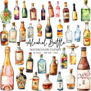 Pacchetto di clipart di bottiglie di alcol ad acquerello, bottiglie di rum PNG, immagini di whisky, birre ad acquerello, decorazioni per bar, regali, adesivi, sublimazione, liquore