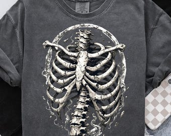 Skeleton Rib Cage PNG, Grunge Halloween Shirt Design, Spine Bone Png, Grunge Skull Art, Skeleton Png, Spooky Shirt Halloween Png Sublimation