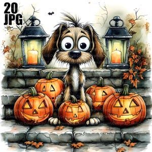 20 Trick Or Treat Dog Clipart, Funny Halloween Puppy, Spooky Dog, Watercolor Clipart, Junk Journal, Digital Download, Paper Craft, JPG