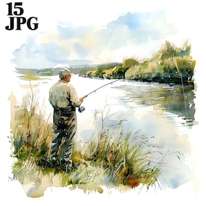 15 man vissen clipart, hengel clipart, visser, vismeer landschap, afdrukbare aquarel clipart, hoge kwaliteit JPGs Junk Journal