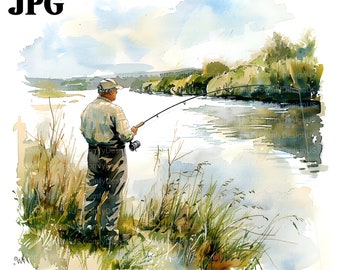 15 Man Fishing Clipart, Fishing Rod Clipart, Fisherman, Lake Fishing Landscape, Printable Watercolor Clipart, High Quality JPGs Junk Journal
