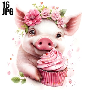 16 Pig Clipart, Piglet Clipart, Baby Pig, Pig Watercolor, Floral Clipart, Cupcake Clipart, Junk Journal, Digital Download, Clip Art, JPG