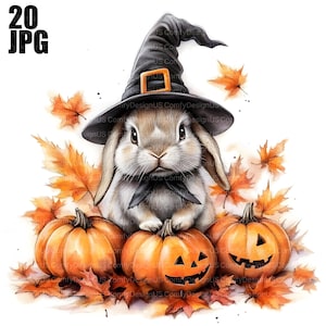 Puede incluir: Ilustración en acuarela de un conejo con un sombrero de bruja, sentado sobre tres calabazas naranjas con caras de jack-o'-lantern talladas. Hojas de otoño rodean al conejo y las calabazas. El texto "20 JPG" está presente.