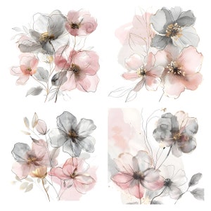 Pu&ograve; includere: Quattro illustrazioni floreali ad acquerello con fiori rosa e grigi e accenti dorati. I fiori sono dipinti in uno stile morbido e romantico.