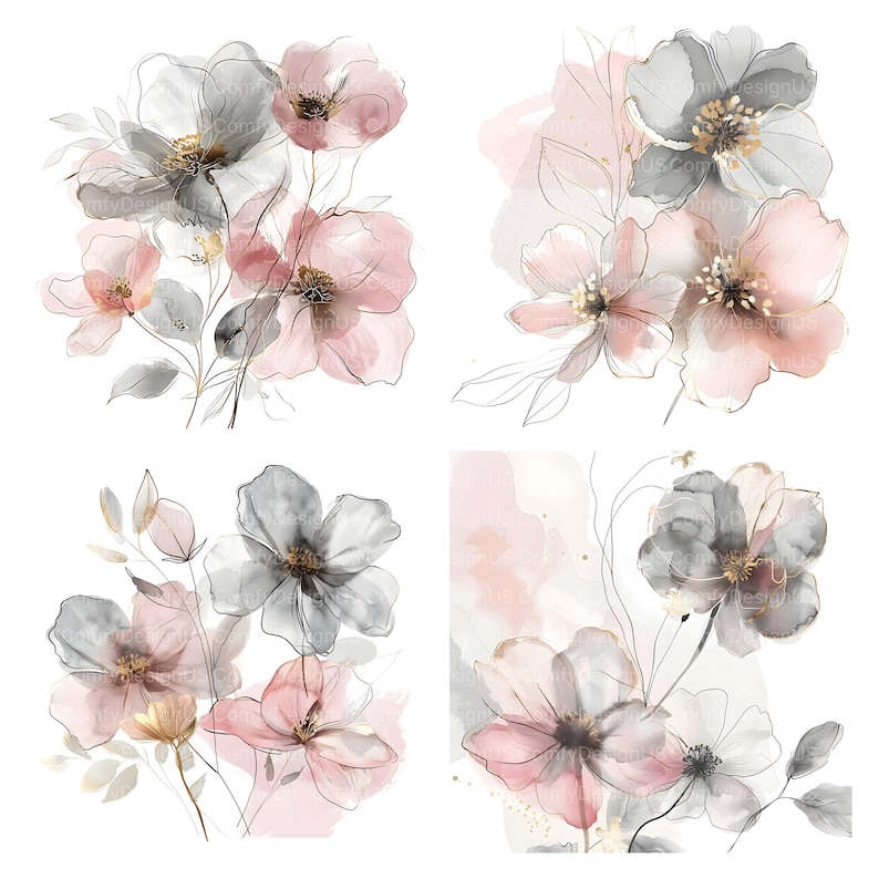 Pu&ograve; includere: Quattro illustrazioni floreali ad acquerello con fiori rosa e grigi e accenti dorati. I fiori sono dipinti in uno stile morbido e romantico.