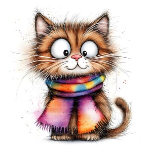Op de afbeelding: Een grillige aquarel illustratie van een pluizige bruine kat met grote, expressieve ogen. De kat draagt een kleurrijke regenboog sjaal. Het kunstwerk heeft een speelse, cartoonachtige stijl, met zachte aquareltexturen en een witte achtergrond.