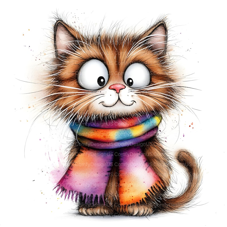 Op de afbeelding: Een grillige aquarel illustratie van een pluizige bruine kat met grote, expressieve ogen. De kat draagt een kleurrijke regenboog sjaal. Het kunstwerk heeft een speelse, cartoonachtige stijl, met zachte aquareltexturen en een witte achtergrond.
