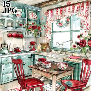 15 imágenes prediseñadas de cocina rústica, cocina roja, cocina verde, Shabby Chic, imágenes prediseñadas de acuarela imprimibles, diario de descarga digital JPG de alta calidad
