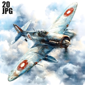 20 Spitfire Clipart, World War 2 Plane, Vintage Airplane Art, Military Aircraft, Junk Journal, Digital Download, Paper Craft, Watercolor JPG