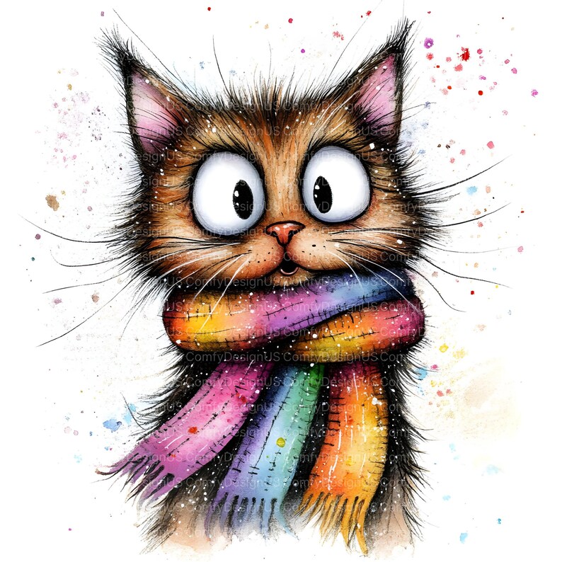 Op de afbeelding: Waterverfillustratie van een kat met grote ogen, met een regenboog sjaal. Het kunstwerk heeft een speelse stijl met kleurrijke spetters, wat een vrolijk ontwerp cre&euml;ert. De kat heeft bruine en zwarte vacht.