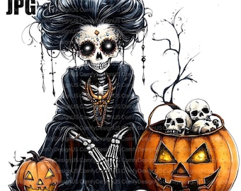 16 Gothic Skeleton Clipart, Skeleton Lady, Halloween Clipart, Quality JPGs, Watercolor Clipart, Junk Journal, Digital Download, Paper Craft