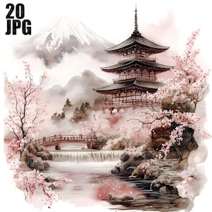 20 Japanische Landschaft Clipart, Japanische Clipart, Berg Clipart, hochwertige JPGs, Aquarell Clipart, Junk Journal, digitaler Download