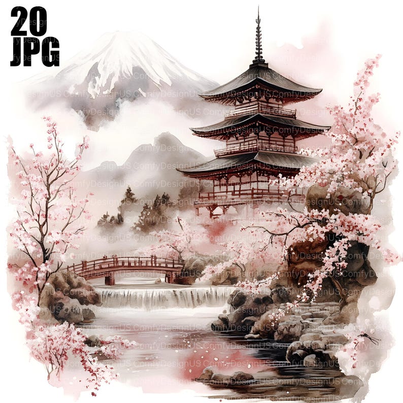 May include: A watercolor painting of a Japanese pagoda with a red bridge and waterfall in the foreground. The pagoda is surrounded by cherry blossom trees and a mountain in the background.