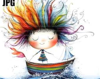 Eigenzinnige zeilboot-illustraties, 20 high-res aquarel jpg's voor junkjournaling, scrapbooking, kaarten maken, digitale download, grillige boot