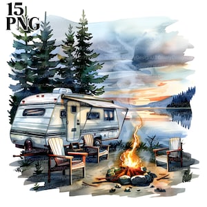 Clipart de remolque de camping, sublimación de camping, viajes, turismo, imágenes de camping, imágenes prediseñadas de acuarela imprimible, PNG de alta calidad, digital