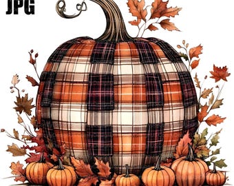 Puede incluir: Ilustración en acuarela de una gran calabaza con un patrón de cuadros en colores naranja, negro y crema. Calabazas más pequeñas y hojas de otoño rodean la calabaza grande, creando un tema de cosecha.