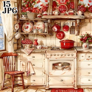 15 imágenes prediseñadas de cocina roja, cocina retro, cocina vintage, Shabby Chic, imágenes prediseñadas de acuarela imprimibles JPG de alta calidad Diario de descarga digital