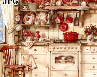May include: A vintage kitchen with white cabinets, a red stove, and a red and white checkered rug. There are red dishes and a red pot on the counter. There are red berries in a bowl on the counter. There is a window with a white curtain in the background.