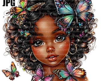 May include: A digital illustration of a young girl with dark brown curly hair. She has brown eyes and is wearing gold hoop earrings. She is surrounded by colorful butterflies with iridescent wings.