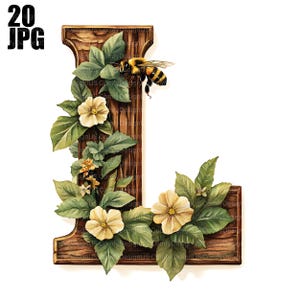 20 Letter L Clipart, Wood Letter Clipart, Alphabet Clipart, Botanical Floral Letters, Watercolor Clipart, Junk Journal, Digital Download JPG