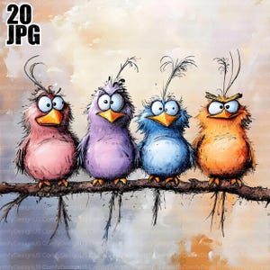 20 Funny Whimsical Birds Clipart, Cute Bird Clipart, High Quality JPGs, Digital Download, Watercolor Clipart, Printables, Commercial Use