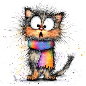 Op de afbeelding: Een aquarel illustratie van een verbaasde kat met grote ogen en een regenboog sjaal. De kat heeft bruin en oranje haar, met een geschokte uitdrukking. Kleurrijke verfspatten dragen bij aan het speelse ontwerp.