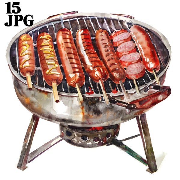15 cliparts barbecue, barbecue, barbecue d'été, grillades des cliparts, clipart aquarelle imprimable, JPG de haute qualité en téléchargement numérique Junk Journal