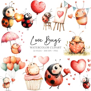 Pacchetto di clipart PNG di insetti carini, clipart di coccinella, clipart di cuore, PNG di San Valentino, clipart di San Valentino, clipart di bambini clipart di acquerello