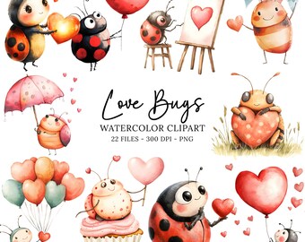 Lindo paquete de imágenes prediseñadas PNG de insectos de amor, imágenes prediseñadas de mariquita, imágenes prediseñadas de corazón, imágenes prediseñadas de San Valentín, imágenes prediseñadas del día de San Valentín, imágenes prediseñadas de acuarela para niños