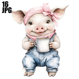 16 Clipart de cochon, café clipart, clipart porcelet, bébé cochon, cochon aquarelle, animal de la ferme, clipart Bandana fille, téléchargement numérique, Clip Art JPG