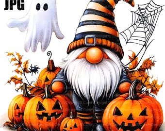May include: A whimsical Halloween-themed illustration featuring a gnome with a striped hat, surrounded by carved pumpkins, a spider web, and a friendly ghost. The gnome has a long white beard and is wearing a dark blue outfit. The pumpkins are orange with carved faces.