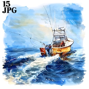 15 imágenes prediseñadas de barco de pesca, imágenes prediseñadas de barco de pesca, imágenes prediseñadas de caña de pescar, imágenes prediseñadas de pescador, imágenes prediseñadas de acuarela imprimibles, archivos JPG de alta calidad, revista basura