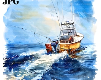 15 Clipart di barche da pesca, Clipart di barche da pesca, Clipart di canne da pesca, Pescatore, Clipart di acquerelli stampabili, JPG di alta qualità, Junk Journal