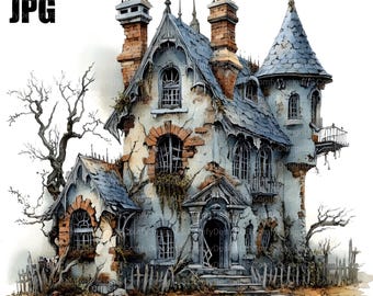 16 Spooky Haunted House Halloween Clipart, Spooky Clipart, High Quality JPG, Watercolor Clipart, Junk Journal, Digital Download, Paper Craft