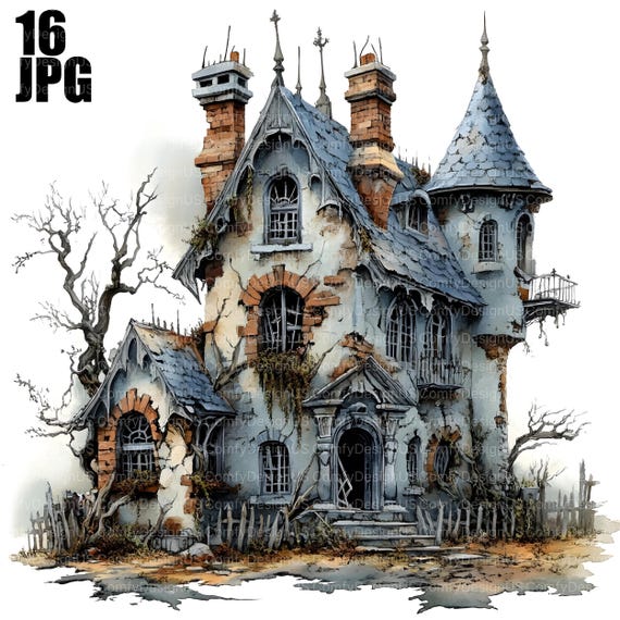 16 Spooky Haunted House Halloween Clipart, Spooky Clipart, High Quality JPG, Watercolor Clipart, Junk Journal, Digital Download, Paper Craft