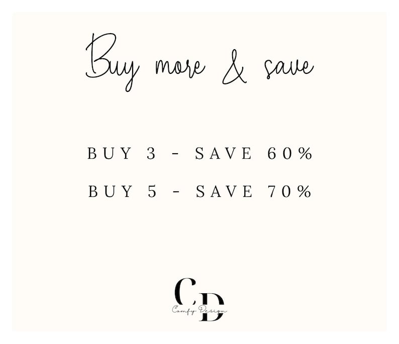 Peut inclure: Graphique cr&egrave;me avec le texte "Buy more & save". Le texte comprend des offres : Achetez 3 - &Eacute;conomisez 60% et Achetez 5 - &Eacute;conomisez 70%. Le logo Comfy Design est en bas.