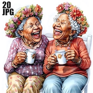 20 Crazy Black Old Ladies Clipart, Quirky Grannies, Black Granny, Watercolor Clipart, Junk Journal, Digital Download, Paper Craft, JPG