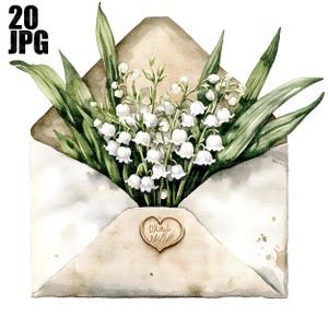 20 Clipart de muguet dans l'enveloppe, enveloppe florale, clipart de lys, clipart aquarelle imprimable, téléchargement numérique JPG de haute qualité