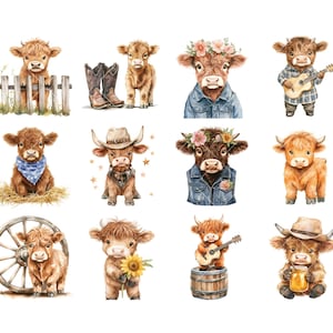 Pu&ograve; includere: Un set di 12 illustrazioni ad acquerello con adorabili mucche Highland in stile cartone animato in varie pose e abiti. Le mucche indossano cappelli, bandane, giacche di jeans e suonano strumenti musicali. Alcune mucche tengono dei fiori e altre sono in piedi vicino a una recinzione di legno.