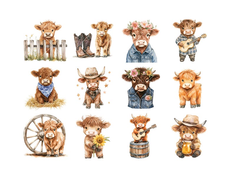Pu&ograve; includere: Un set di 12 illustrazioni ad acquerello con adorabili mucche Highland in stile cartone animato in varie pose e abiti. Le mucche indossano cappelli, bandane, giacche di jeans e suonano strumenti musicali. Alcune mucche tengono dei fiori e altre sono in piedi vicino a una recinzione di legno.