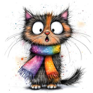 Op de afbeelding: Een aquarel illustratie van een verbaasde kat met grote ogen. De kat draagt een regenboog sjaal met witte stippen. De kat heeft een verbaasde uitdrukking en is omgeven door kleurrijke verfspatten.