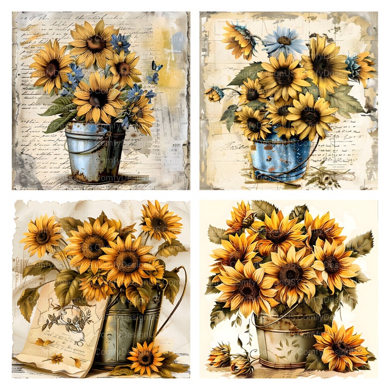K&ouml;nnte beinhalten: Vier Vintage-Bilder von Sonnenblumen in rostigen Metalleimern. Jedes Bild zeigt eine andere Anordnung von Sonnenblumen vor einem verwitterten Hintergrund.