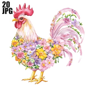 20 Floral Chicken Clipart, Rooster Clipart, Cottagecore Chicken, Quality JPG, Watercolor Clipart, Junk Journal, Digital Download Paper Craft