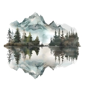 K&ouml;nnte beinhalten: Ein Aquarellbild einer Bergkette, die sich in einem stillen See spiegelt. Die Berge sind hellblau und grau, der See ist dunkelblau. Die B&auml;ume sind dunkelgr&uuml;n und spiegeln sich im See.