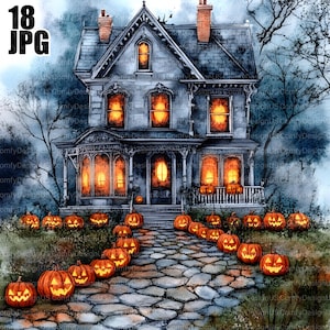 18 Halloween House Clipart, Pumpkins Clipart, High Quality JPGs, Watercolor Clipart, Junk Journal, Digital Download, Paper Craft, Printable