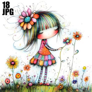 Skurrile Blumenpflücken Clip Art, 18 hochauflösende JPGs in Aquarellfarben, Junk Journaling, Scrapbooking, Kartenherstellung, digitaler Download, wunderliches Mädchen
