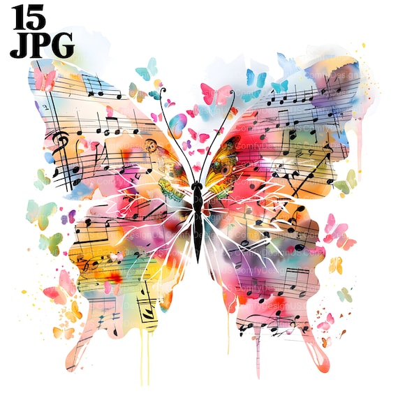 15 Butterfly Music Notes Clipart, Music Wall Art, Music Note, Printable Watercolor Clipart, High Quality JPGs, Digital Download Junk Journal