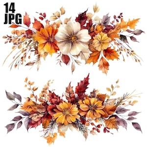 Peut inclure: Illustration à l'aquarelle de deux compositions florales aux couleurs automnales. Les arrangements présentent des fleurs et des feuilles orange, jaune et bordeaux sur fond blanc. Le texte "14 JPG" est visible en haut à gauche.