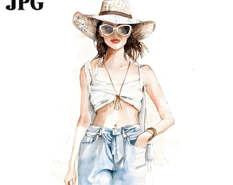 15 Summer Girl Clipart, Summer Woman, Shabby Chic, Printable Watercolor Clipart, High Quality JPGs, Digital Download, Paper Craft, Journal
