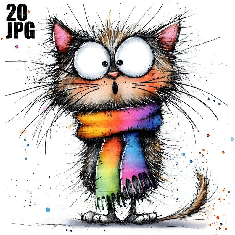 Op de afbeelding: Een aquarel illustratie van een verbaasde kat met grote ogen en een regenboog sjaal. De kat heeft bruin en zwart haar, lange snorharen en een verbaasde uitdrukking. De achtergrond is wit met kleurrijke verfspatten.